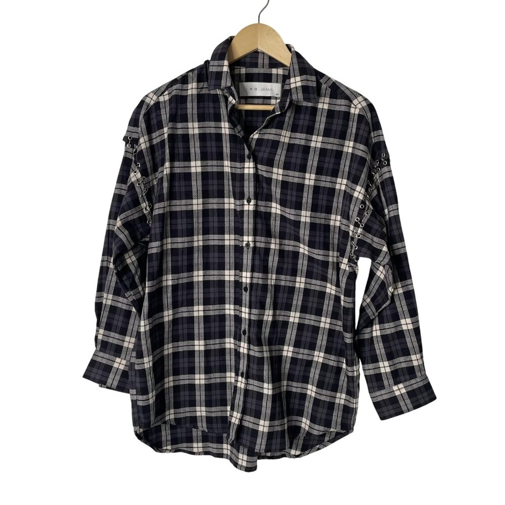 IRO Shirt Womens XS Black White Plaid Peline Lace‎ Up Grommet Cabincore Grunge